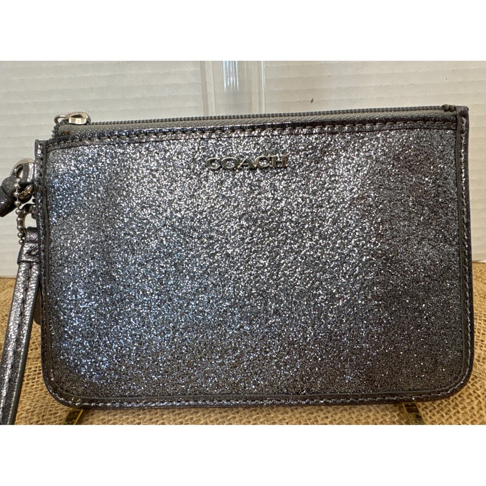 Coach  Zip Wristlet Metallic Gunmetal Glitter Silver Hardware Clutch